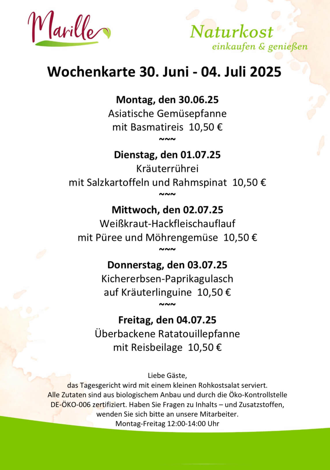 Aktuelle Wochenkarte des Mittagstischs der Marille