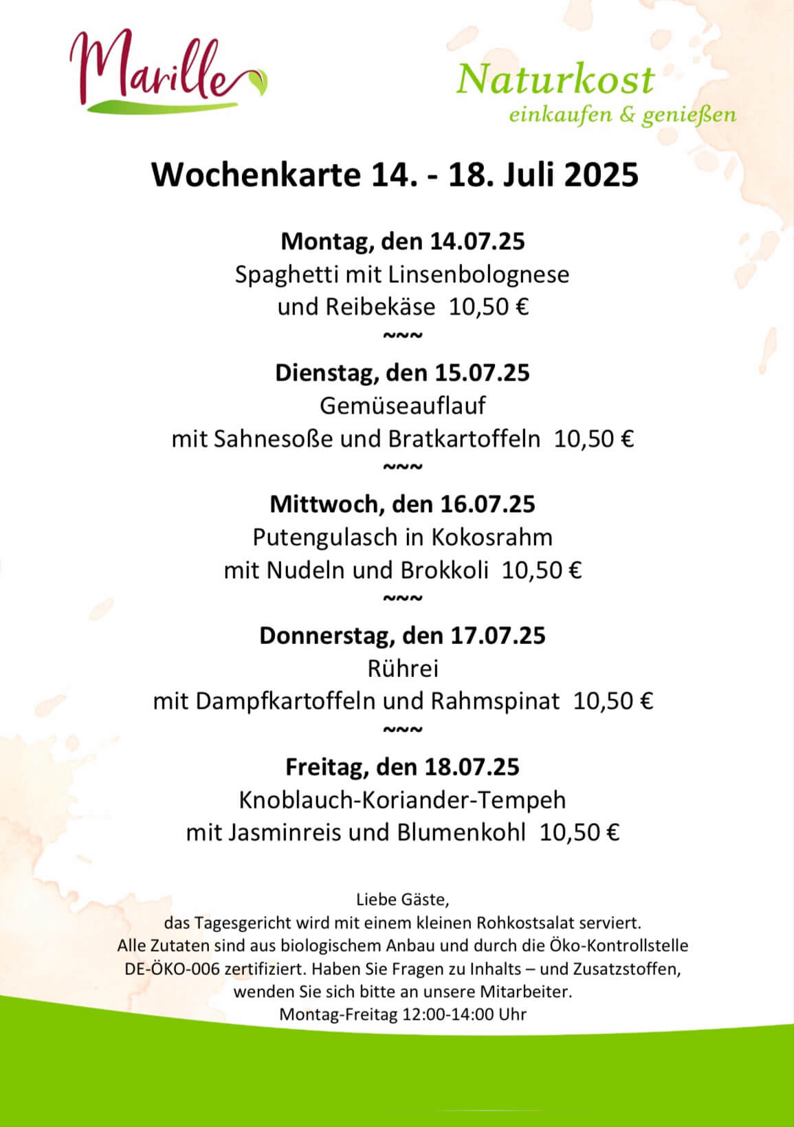 Aktuelle Wochenkarte des Mittagstischs der Marille
