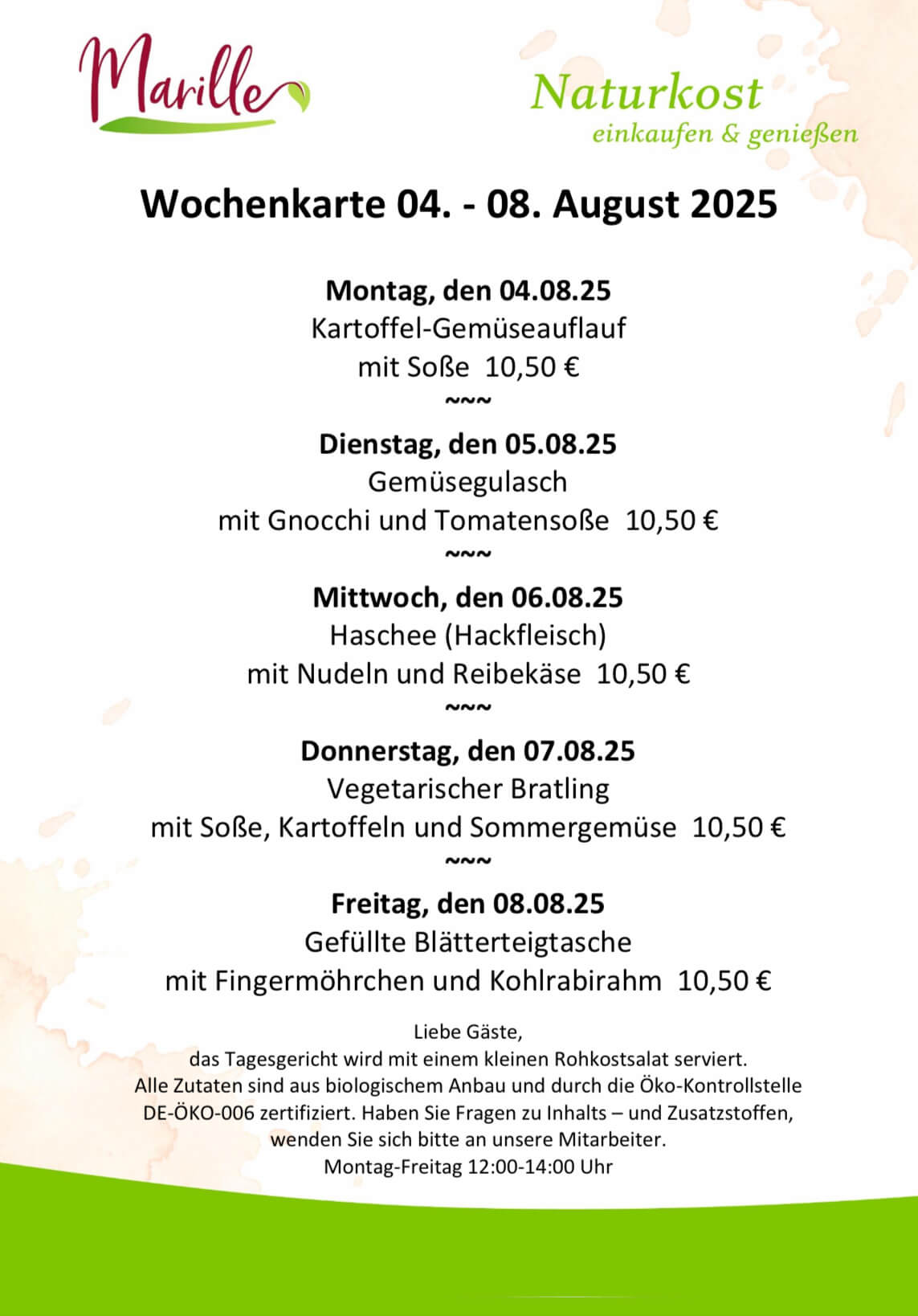 Aktuelle Wochenkarte des Mittagstischs der Marille