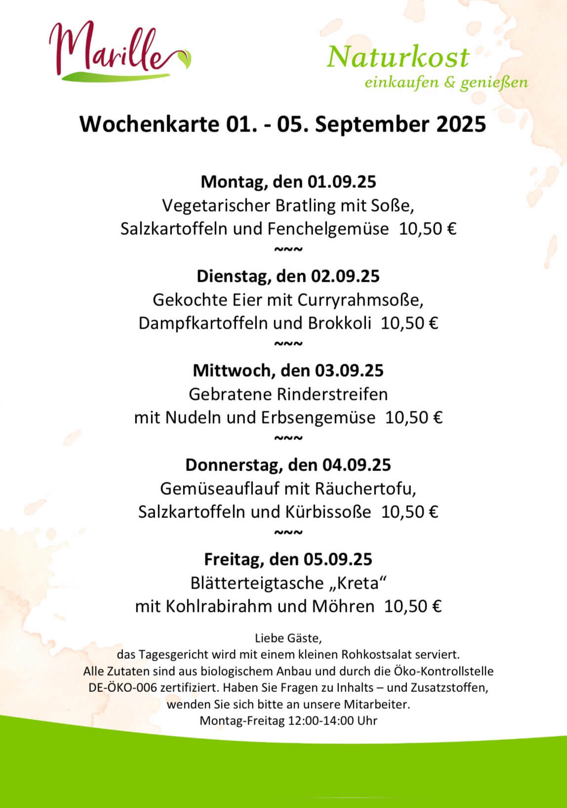 Aktuelle Wochenkarte des Mittagstischs der Marille