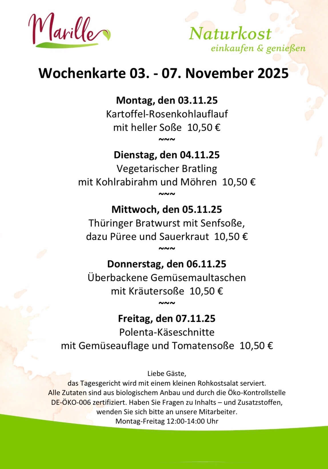 Aktuelle Wochenkarte des Mittagstischs der Marille