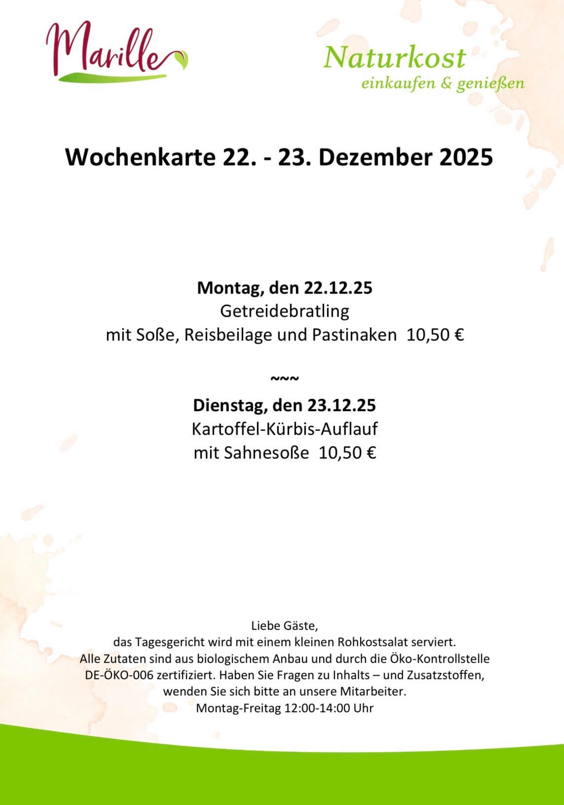 Screenshot Aktuelle Wochenkarte des Mittagstischs der Marille