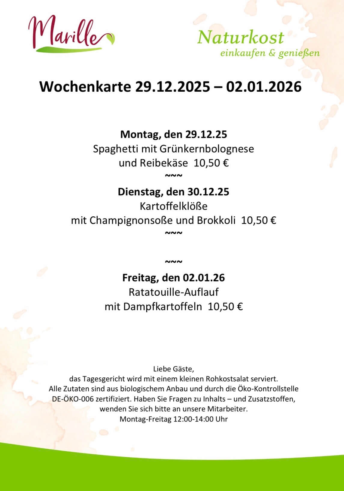 Aktuelle Wochenkarte des Mittagstischs der Marille