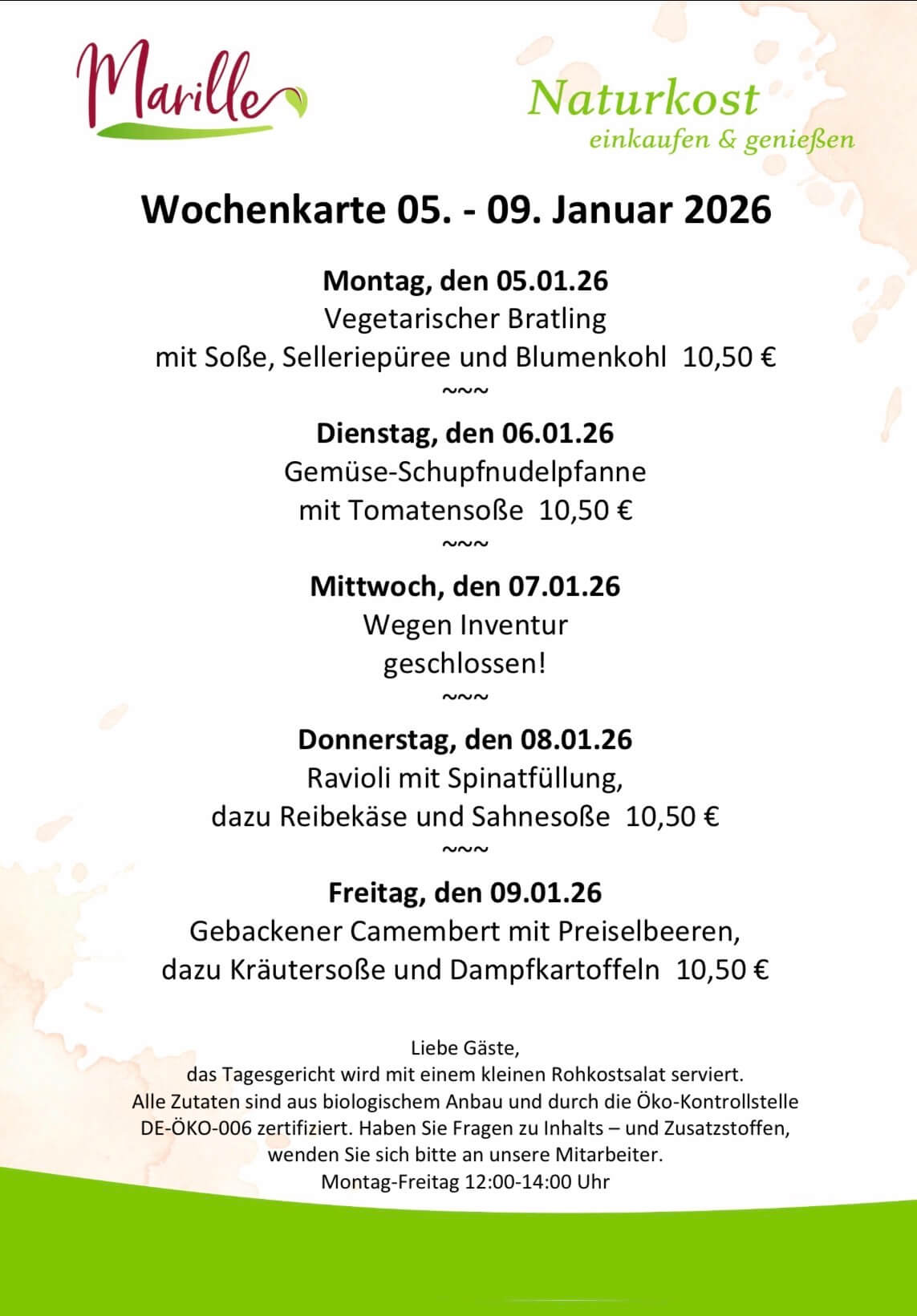 Aktuelle Wochenkarte des Mittagstischs der Marille