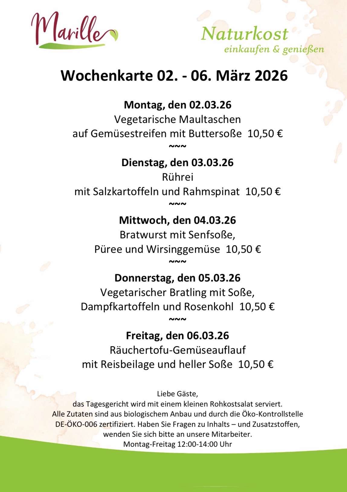 Aktuelle Wochenkarte des Mittagstischs der Marille