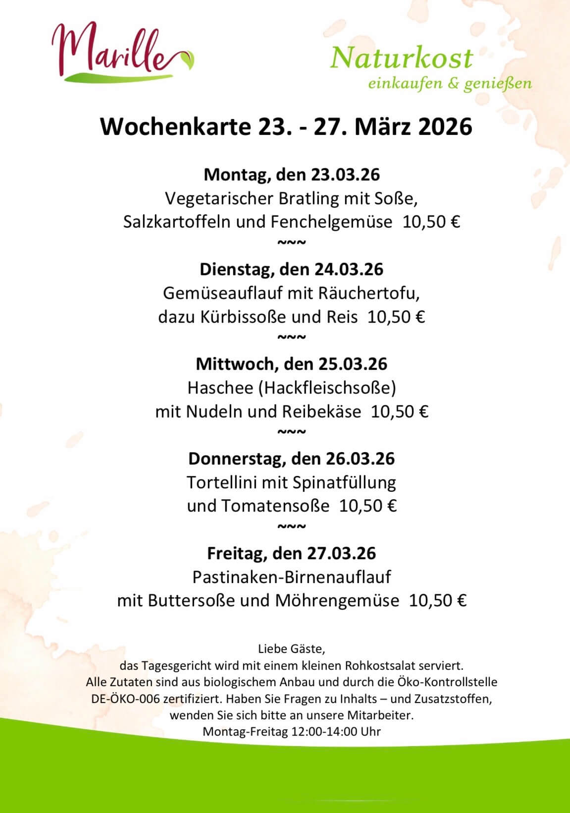 Screenshot Aktuelle Wochenkarte des Mittagstischs der Marille