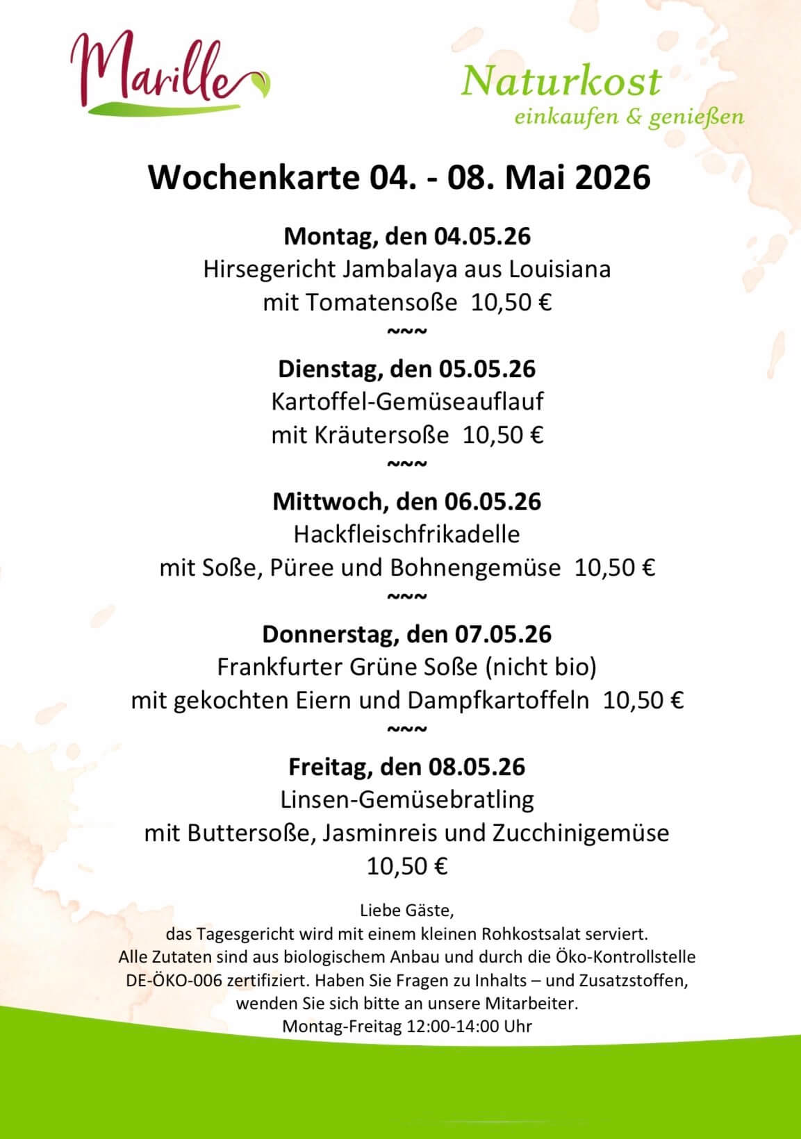 Aktuelle Wochenkarte des Mittagstischs der Marille