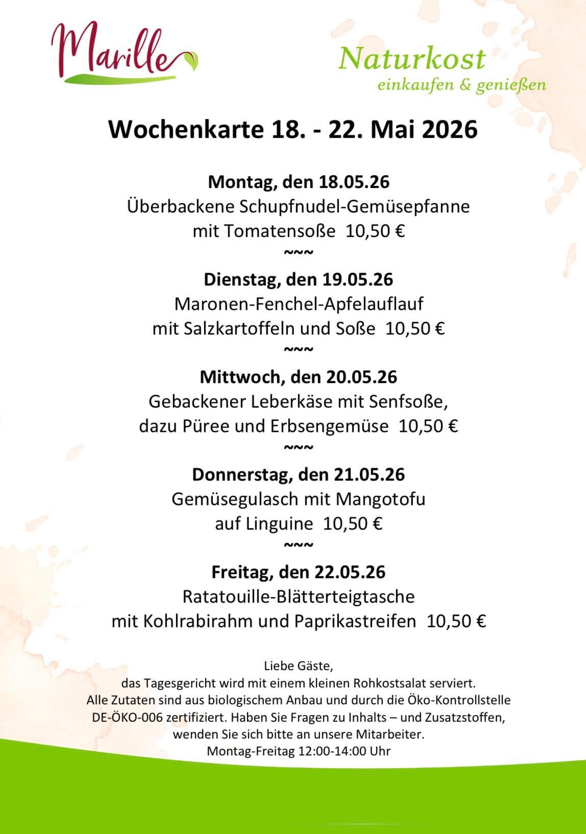 Screenshot Aktuelle Wochenkarte des Mittagstischs der Marille