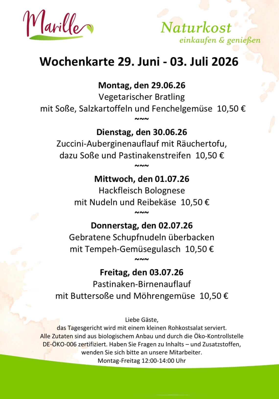 Screenshot Aktuelle Wochenkarte des Mittagstischs der Marille