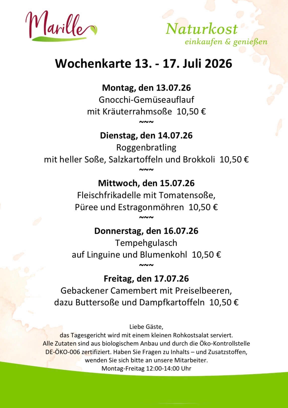 Screenshot Aktuelle Wochenkarte des Mittagstischs der Marille