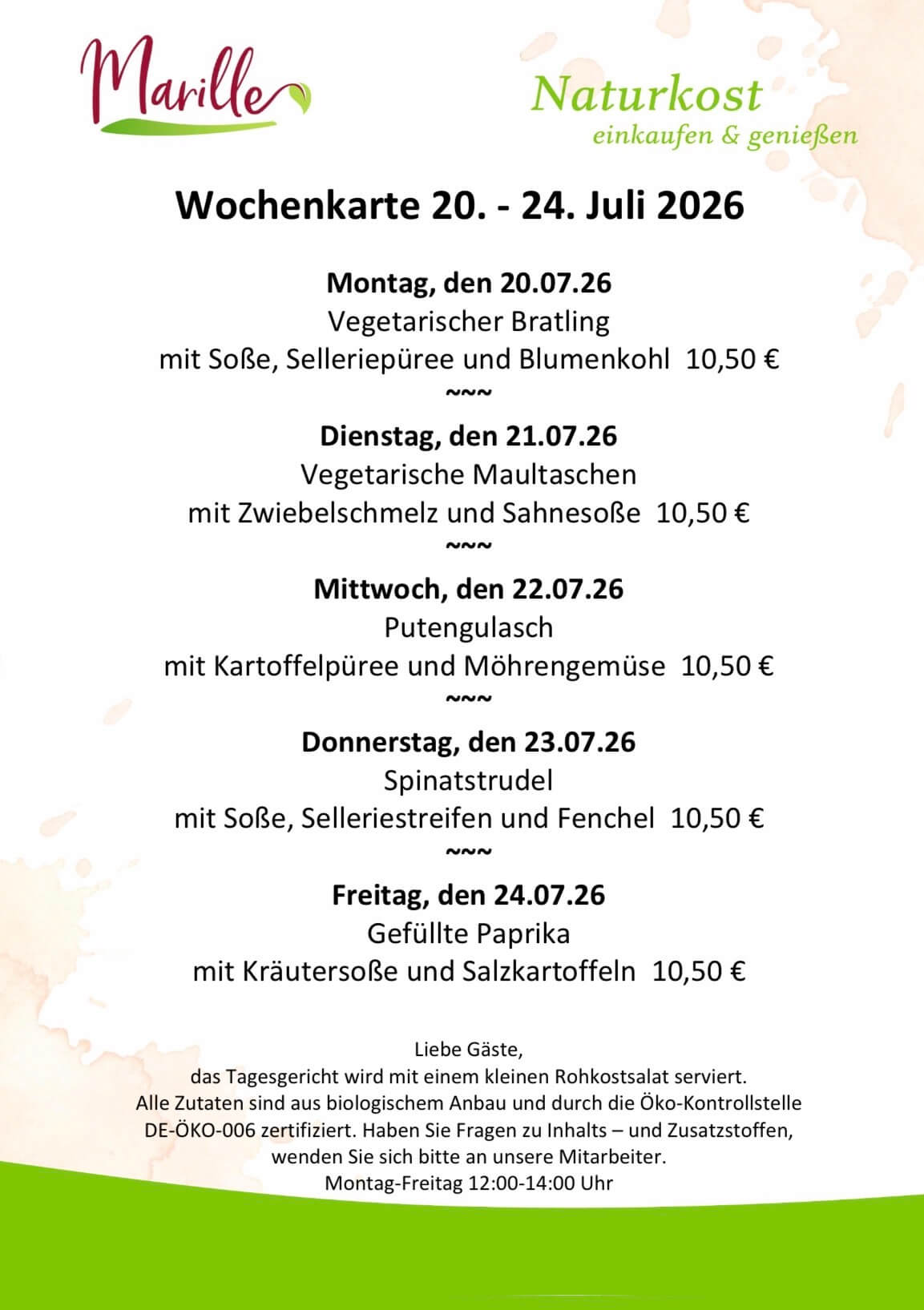 Screenshot Aktuelle Wochenkarte des Mittagstischs der Marille