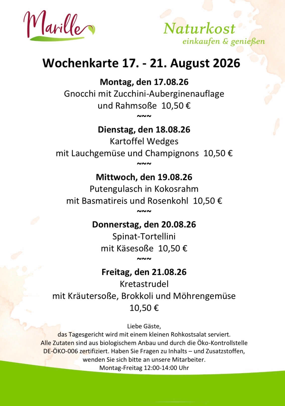 Aktuelle Wochenkarte des Mittagstischs der Marille