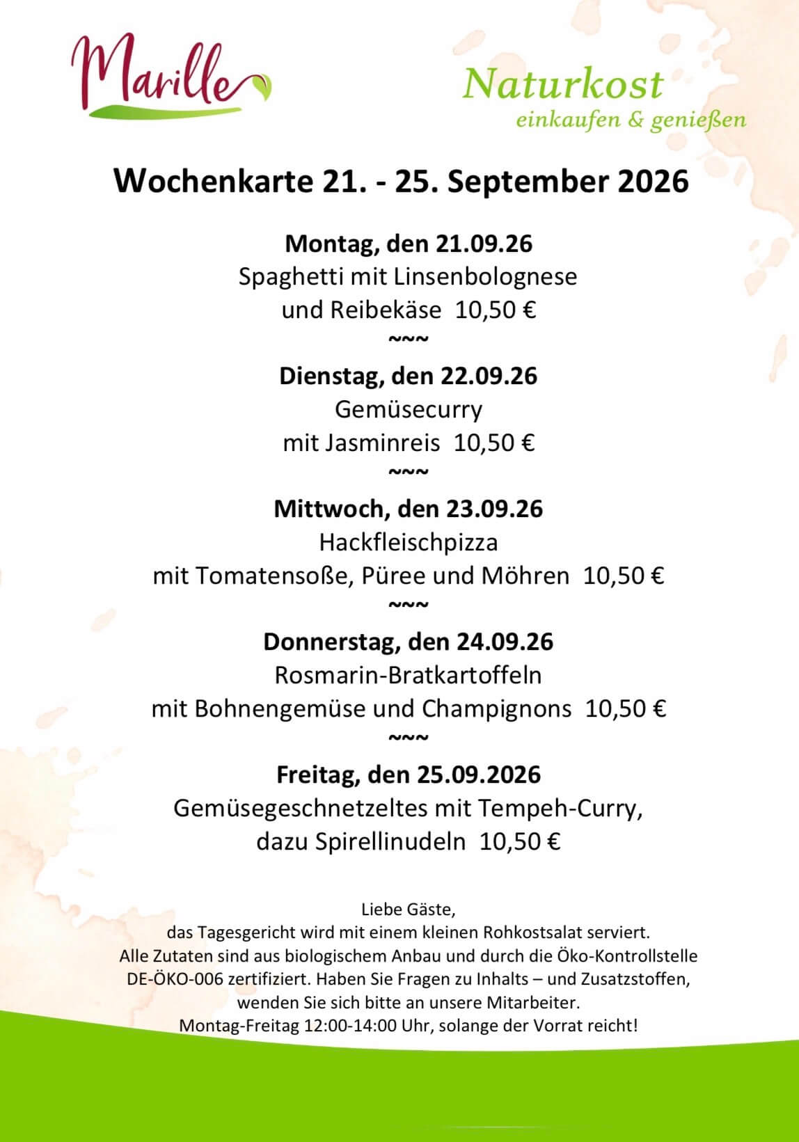 Aktuelle Wochenkarte des Mittagstischs der Marille