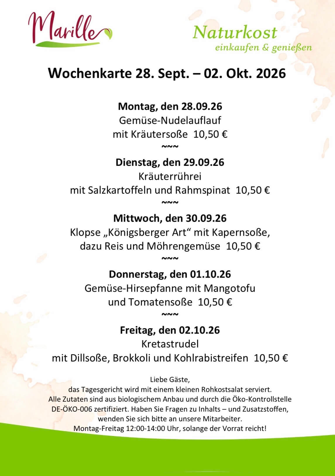 Screenshot Aktuelle Wochenkarte des Mittagstischs der Marille