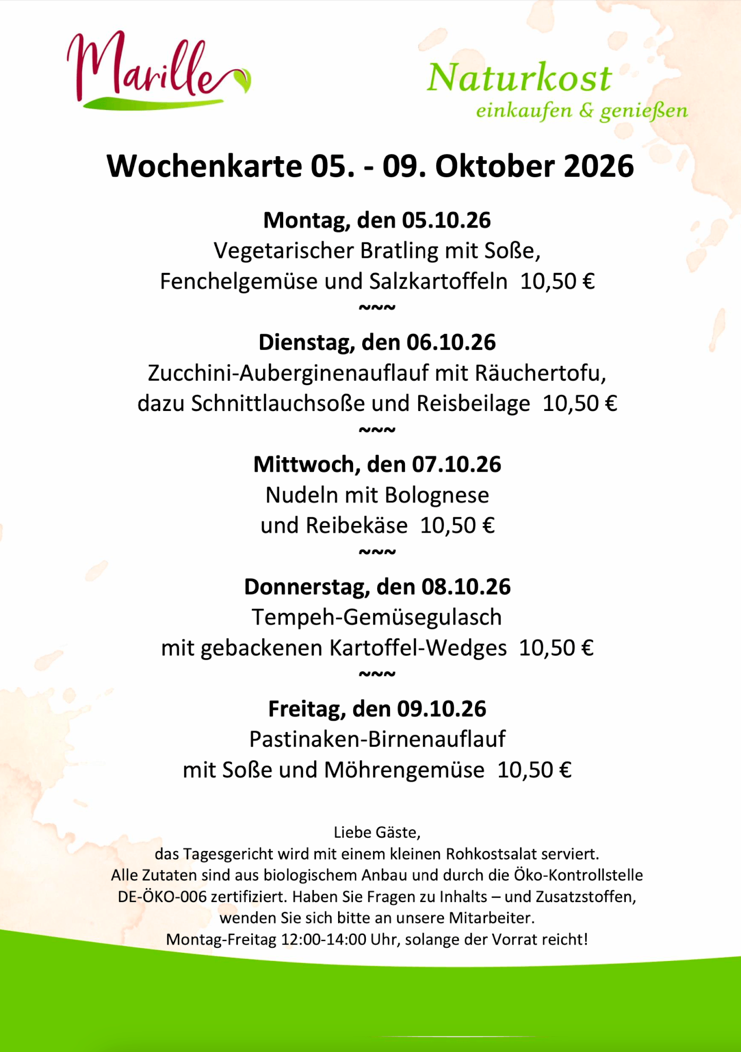 Aktuelle Wochenkarte des Mittagstischs der Marille